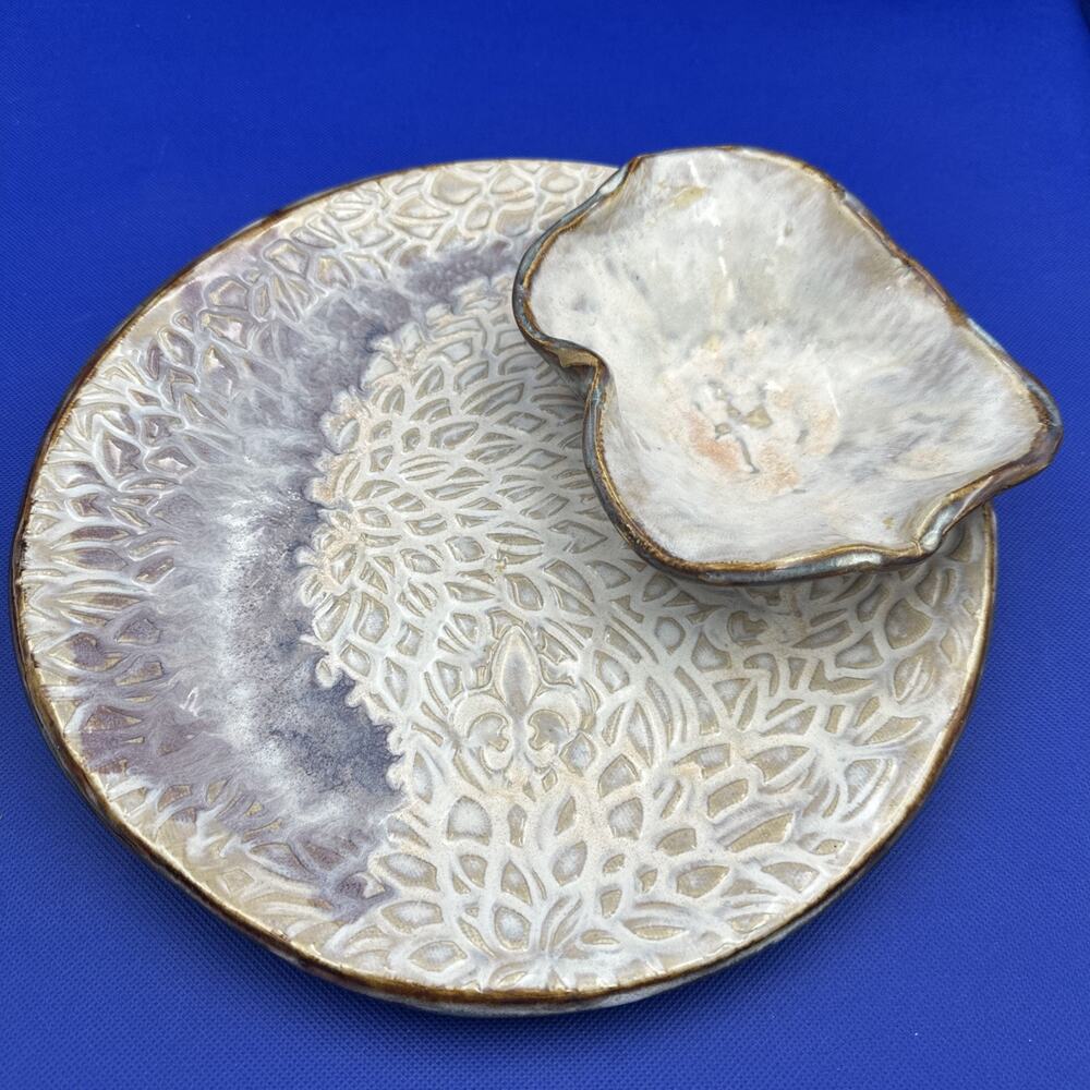Studio Art Pottery Chip & Dip Platter Centerpiece Stoneware Artist Marked Harris